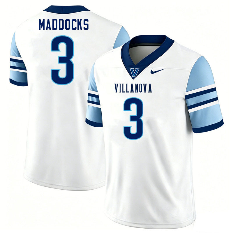 Villanova Wildcats #3 Tanner Maddocks College Football Jerseys,Uniforms-White